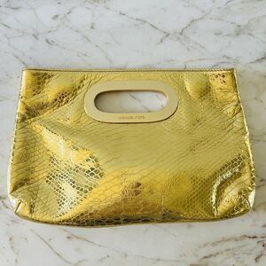 MICHAEL KORS Berkeley Metallic Gold Genuine Leather Snake Skin Print Clutch Bag
